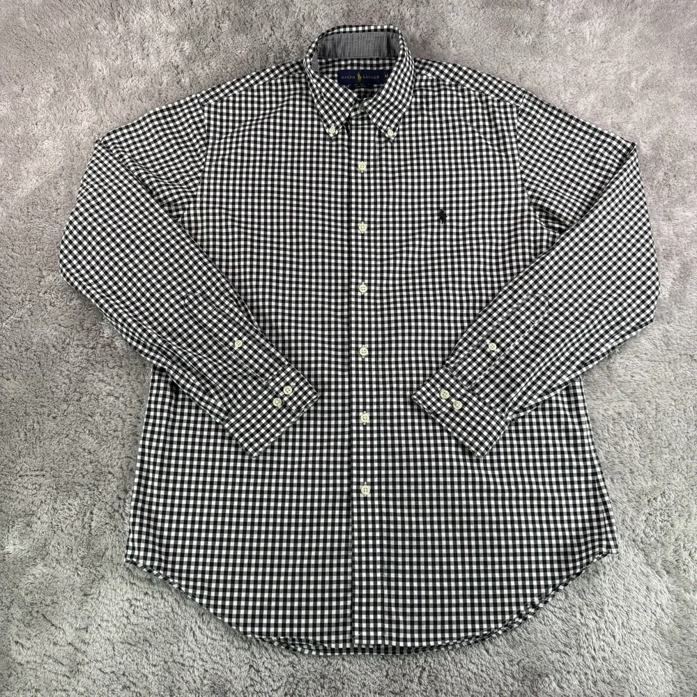 Polo Ralph Lauren Shirt Mens Medium Black Gingham Check Button Down Non Iron